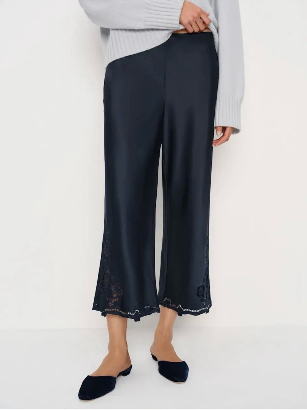 Reformation Navy Satin Cropped Wide-Leg Pants with Side Cutwork